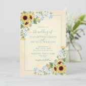 Rustic Dusty Blue Sunflower Floral Photo Weddensch Kaart (Staand voorkant)