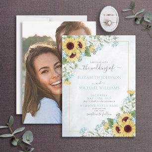 Rustic Dusty Blue Sunflower Floral Photo Weddensch Kaart