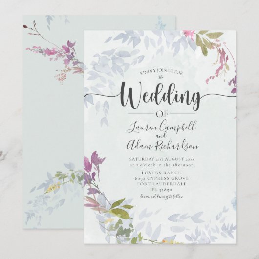 Rustic Dusty Blue Waterverf Floral Wedding Kaart (Voorkant / Achterkant)