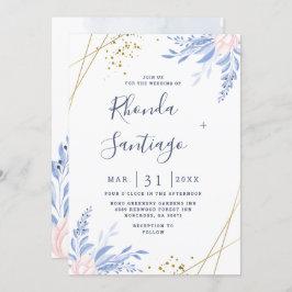 Rustic Dusty Blue Waterverf laat gouden bruiloft o Kaart