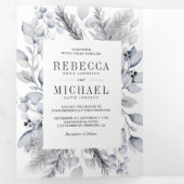 Rustic Dusty Blue Waterverf Leaves Winter Wedding Drieluik Uitnodiging (Binnenzijde eerst)