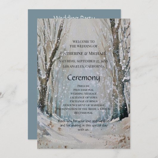 Rustic Dusty Blue Winter Forest Waterverf Wedding Programma (Voorkant / Achterkant)