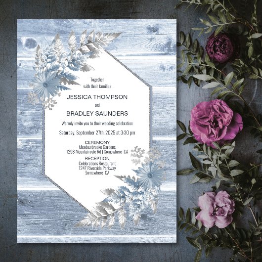 Rustic Dusty Blue Wood Botanical Wedding Kaart
