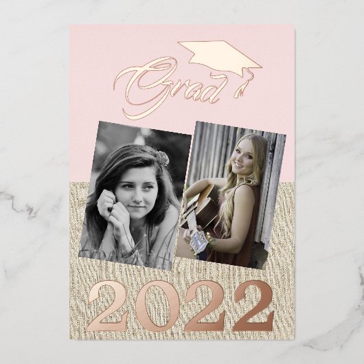 Rustic Dusty Pink Afstuderen 2 Foto Afstuderen Folie Uitnodiging (Voorkant)