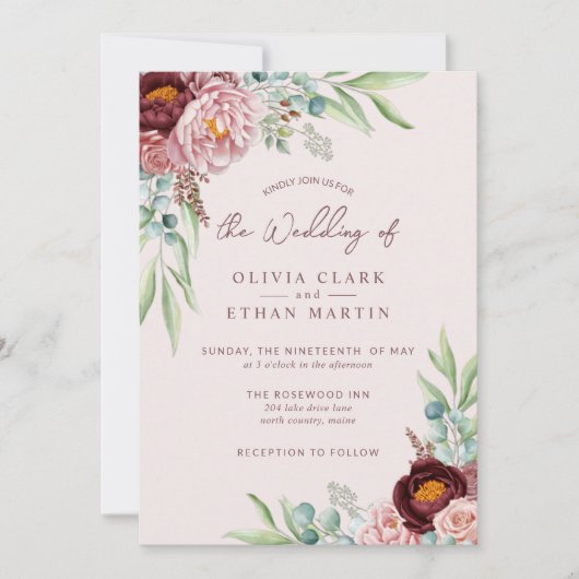 Rustic Dusty Roos Boho Floral met Greenery Invit Kaart (Voorkant)