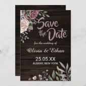 Rustic Dusty Roos Floral op donker hout Save The Date (Voorkant / Achterkant)