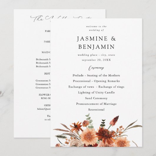 Rustic Earth & Champagne Florals Programme de mari (Devant / Derrière)