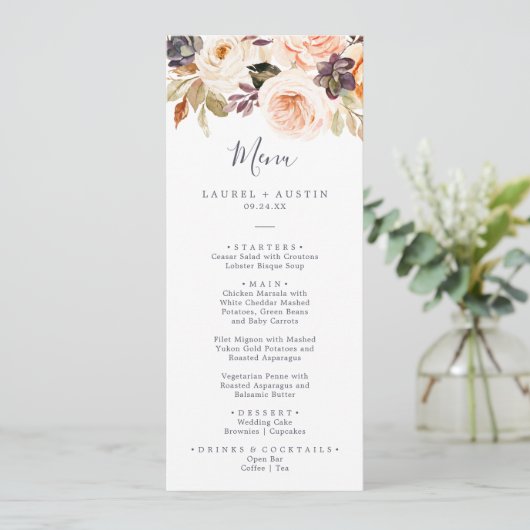 Rustic Earth Florals Wedding Dinner Menu (Staand voorkant)