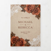 Rustic Earthy Burlap Dusty Terracotta Roos Wedding Drieluik Uitnodiging (Cover)