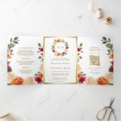 Rustic Earthy Floral Wreath QR Code Wedding Drieluik Uitnodiging (Binnen)