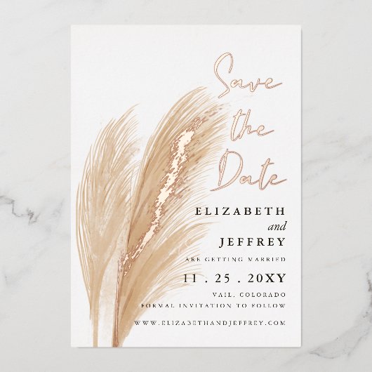 Rustic Earthy Neutral Boho Pampas Save the Date Folie Uitnodiging (Voorkant)