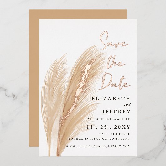 Rustic Earthy Neutral Boho Pampas Save the Date Folie Uitnodiging (Voorkant / Achterkant)