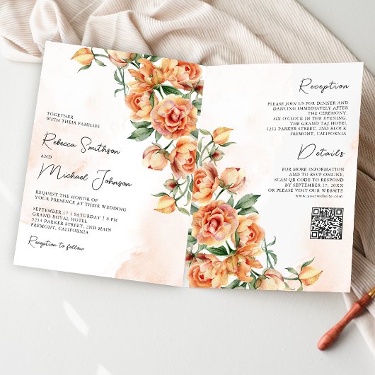 Rustic Earthy Peach Floral QR Code Wedding