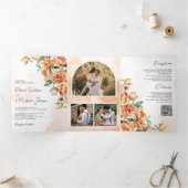 Rustic Earthy Peach Floral QR Code Wedding Drieluik Uitnodiging (Binnen)