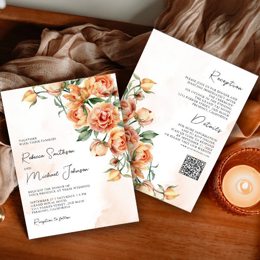 Rustic Earthy Peach Floral QR Code Wedding Kaart