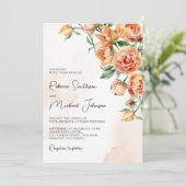 Rustic Earthy Peach Floral QR Code Wedding Kaart (Staand voorkant)