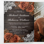 Rustic Earthy Wood Dusty Terracotta Roos Wedding Drieluik Uitnodiging (Binnenzijde eerst)