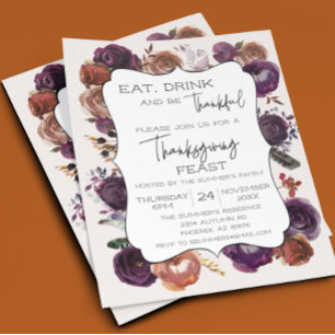 Rustic Eat Drink Thankful Thanksgiving Floral Roos Flyer