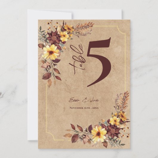 Rustic Editable Fall Floral Wedding Table Number Bedankkaart (Voorkant)