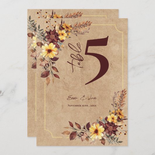 Rustic Editable Fall Floral Wedding Table Number Bedankkaart (Voorkant / Achterkant)