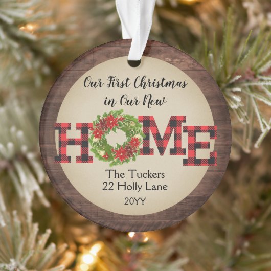 Rustic Eerste Kerstdag Thuis Krans Geruite Foto Ornament (Boom)