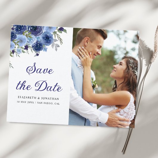 Rustic Elegance – Boho Navy Flower Wedding Briefkaart