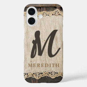 Rustic Elegance Monogram Burlap Lace Barnwood iPhone 16 Hoesje
