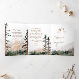 Rustic Elegance Mountains Forest Pine Spruce Trees Drieluik Uitnodiging