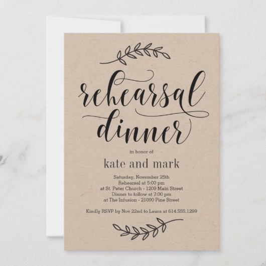 Rustic Elegance Rehearsal Dinner Invitation Kraft Kaart (Voorkant)