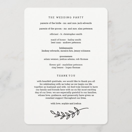 Rustic Elegance Wedding Ceremony Programma (Achterkant)