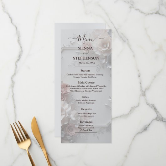 Rustic Elegant 3D Floral menu Mariage (Devant/Arrière en situation)