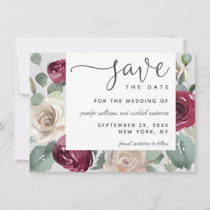 Rustic Elegant Burgundy and White Waterverf Rozen Save The Date
