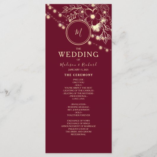 Rustic Elegant Burgundy Wedding Programme (Devant)