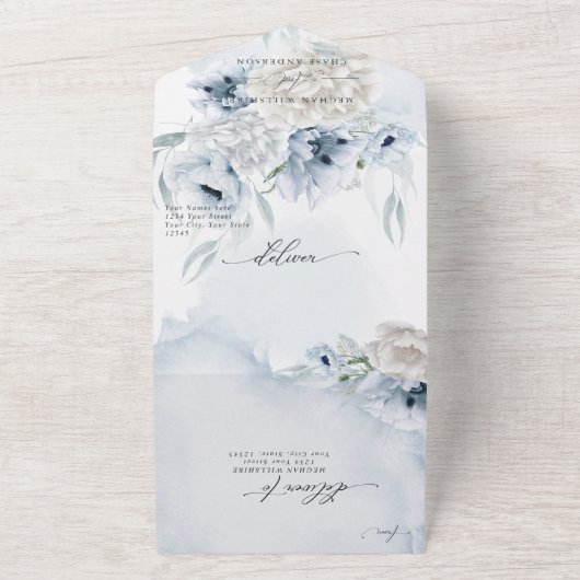 Rustic Elegant Dusty Blue Floral All In One Uitnodiging (Buitenkant)