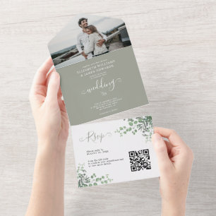 Rustic Elegant Eucalyptus Foto QR Code Weddenschap All In One Uitnodiging