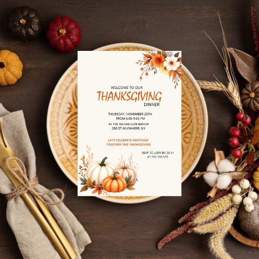 Rustic Elegant Floral  Thanksgiving Dinner Kaart