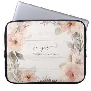 Rustic Elegant Floral Waterverf Foliage Monogram Laptop Sleeve