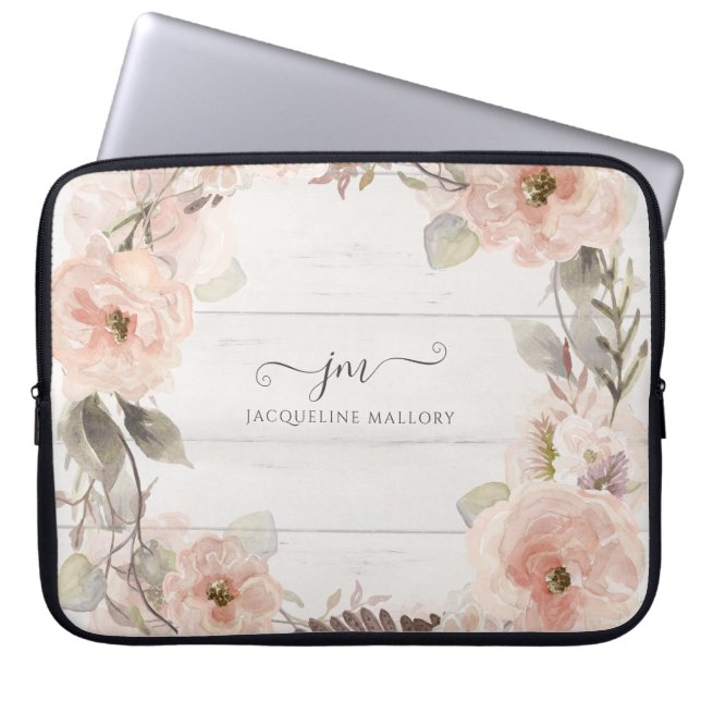 Rustic Elegant Floral Waterverf Foliage Monogram Laptop Sleeve (Voorkant)
