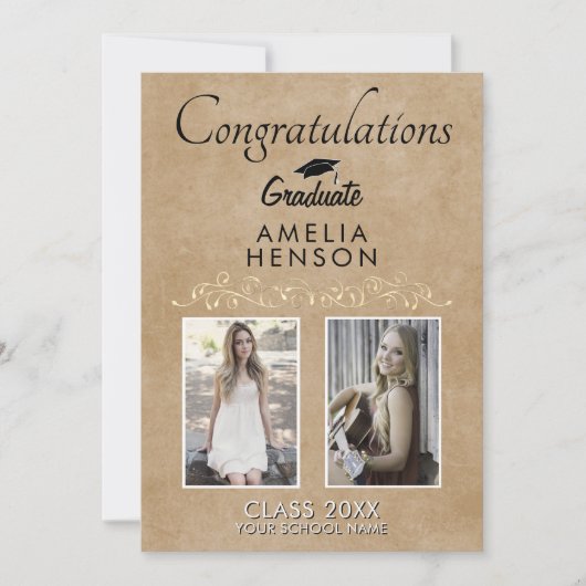 Rustic Elegant Gold Ornament 2 Foto Afstuderen Kaart (Voorkant)