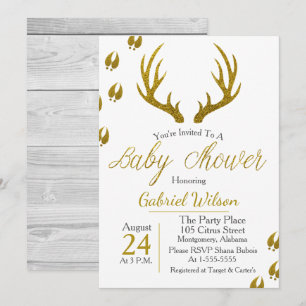 Rustic Elegant Grey Wood Gold Antlers Baby shower Kaart