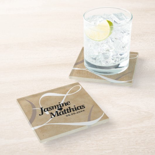 Rustic Elegant  Monogram Burlap Wedding Glazen Onderzetter (Schuin)