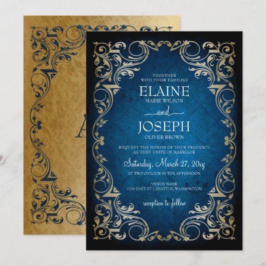 Rustic Elegant Navy and Gold Wedding Kaart (Voorkant / Achterkant)
