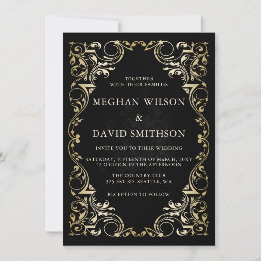 Rustic Elegant Ornamental Black Gold Wedding Kaart (Voorkant)