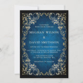 Rustic Elegant Ornamental Blue Gold Wedding Kaart (Voorkant)
