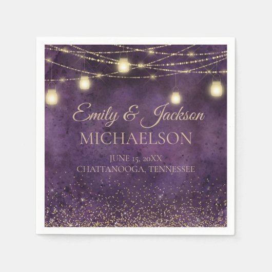 Rustic Elegant Paars Gold String Lights Wedding Servet (Voorkant)