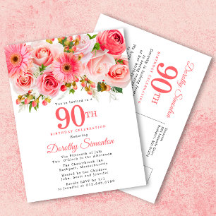 Rustic Elegant Pink Floral 90e verjaardag Uitnodiging Briefkaart