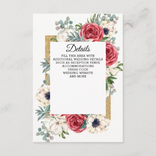 Rustic Elegant Red en Gold Floral White Wedding Informatiekaartje (Voorkant)
