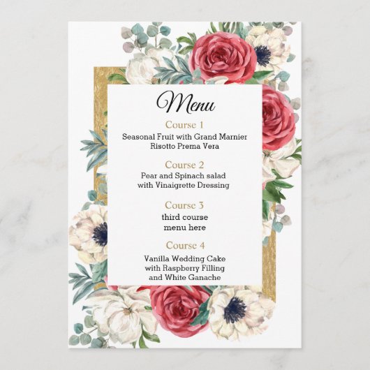 Rustic Elegant Red en Gold Floral White Wedding Menu (Voorkant)