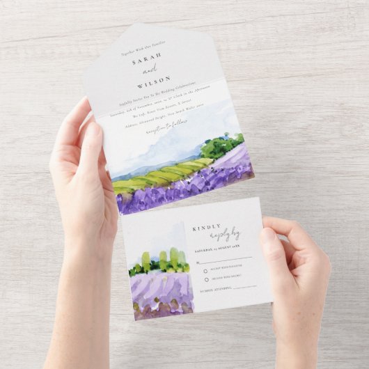 Rustic Elegant Waterverf Lavender Fields Wedding All In One Uitnodiging (Afscheurbaar)