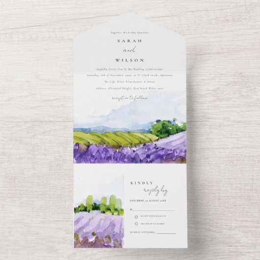 Rustic Elegant Waterverf Lavender Fields Wedding All In One Uitnodiging (Binnen)